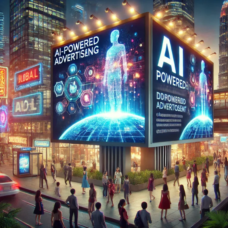 DALL·E 2025-03-13 15.27.30 - A futuristic digital billboard in a vibrant city showcasing an AI-powered advertisement changing dynamically based on audience engagement